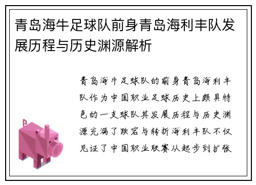 青岛海牛足球队前身青岛海利丰队发展历程与历史渊源解析